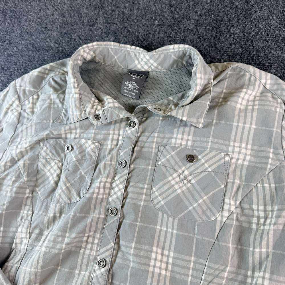 REI Co-op Hiking Shirt Womens Small Gray‎ Plaid Stretch Mesh Lined Snap Front - Picture 2 of 13